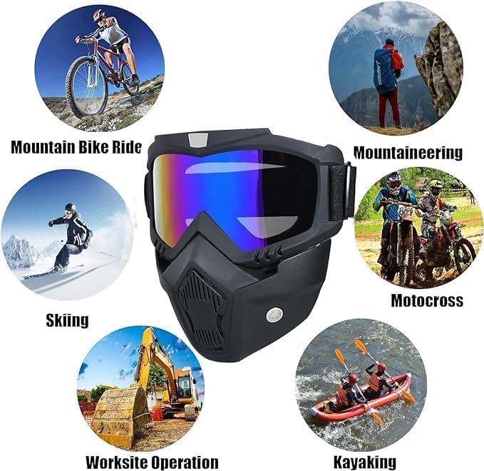 MYHOMESWORLD Motorcycle Goggle mask Anti Scratch UV Protective Face Mask, Bike Riding Goggles Mask With Detachable Face Mask, Adjustable Elastic Strap Goggles Mask For Helmet - Rainbow Visor