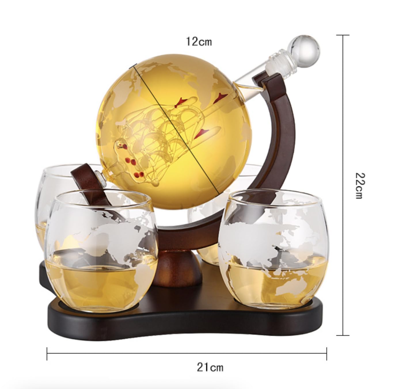 MYHOMESWORLD Premium Globe Decanter (850ML) Set | Set of 4 Globe Glasses (300ML) | Antique Ship| Mahogany Wood Holder Tray | for Whiskey, Wine, Bourbon, Scotch and More