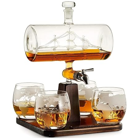 MYHOMESWORLD Whiskey Decanter With Antique Ship - Ship Decanter Set With 4 Globe Glasses, Drink Dispenser For Wine, MYHOMESWORLDWhiskey Decan, Liquor Decanter, Scotch, Rum And Liquor Or Spirits 850Ml