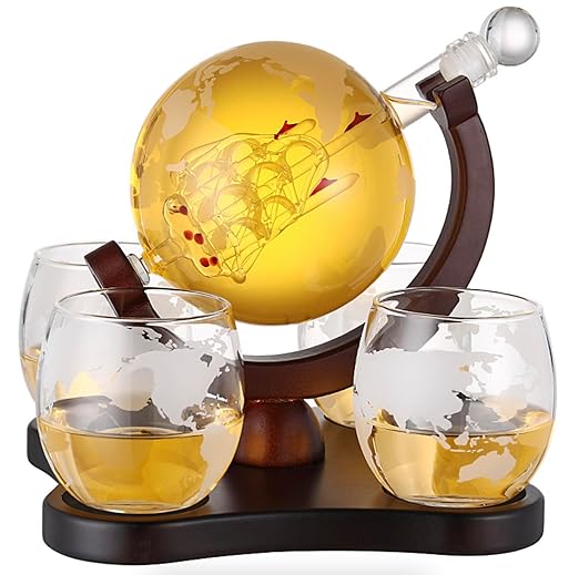 MYHOMESWORLD Premium Globe Decanter (850ML) Set | Set of 4 Globe Glasses (300ML) | Antique Ship| Mahogany Wood Holder Tray | for Whiskey, Wine, Bourbon, Scotch and More