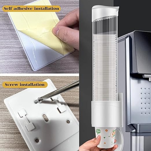 MYHOMESWORLD Paper Cup Dispenser Holder | Wall Mounted Plastic Drinking Water Cup Dispenser | Glass Dispenser Holder | Disposable Cup Holder Organizer | Sticker or Screw Plate Mountable