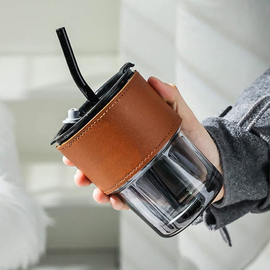 Reusable Sipper Coffee Mug with Leather Sleeve with Silicone Straw - Tea and Coffee Glass Sipper Tumbler Mug for Soda, Fruit Juice, Milk Mug with Straw Transparent