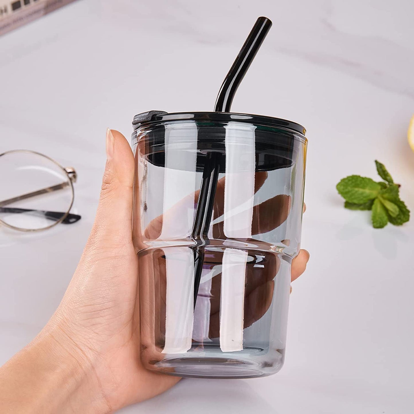 Reusable Sipper Coffee Mug with Leather Sleeve with Silicone Straw - Tea and Coffee Glass Sipper Tumbler Mug for Soda, Fruit Juice, Milk Mug with Straw Transparent