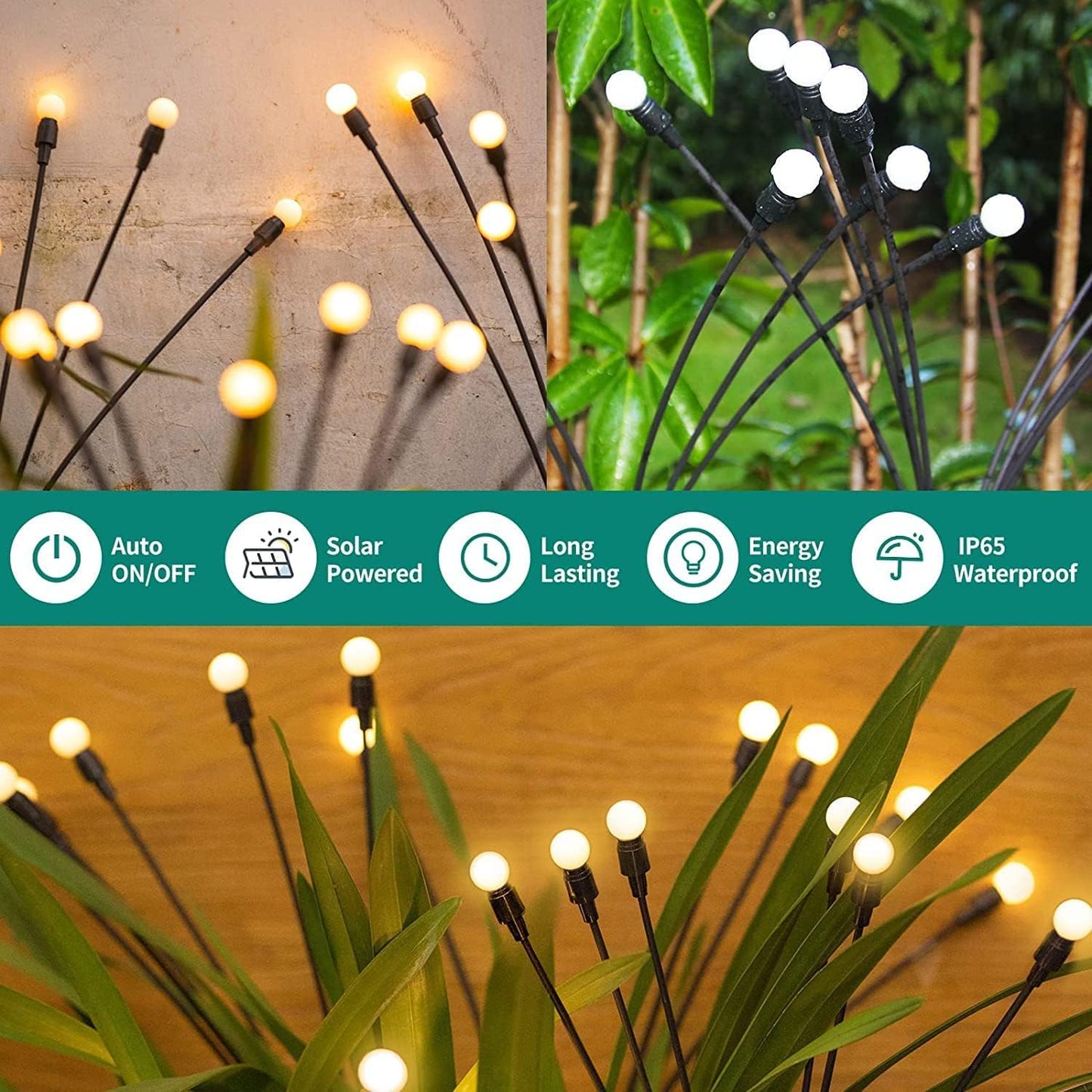 Firefly Starburst Solar Lights: 8 LEDs, Flash Mode, Warm Glow | Waterproof Outdoor Decor for Pots, Garden | 2-Pack