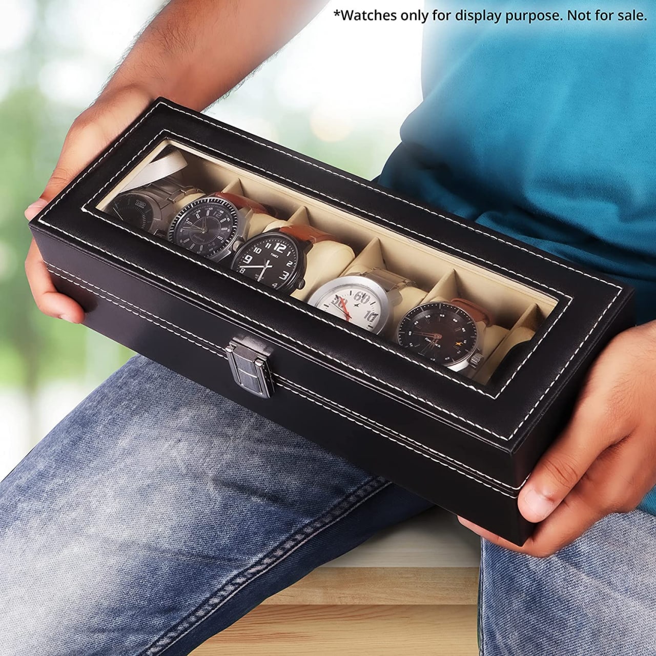 Elegance Unboxed: 6-Slot Faux Leather Watch Display Case with Glass Window