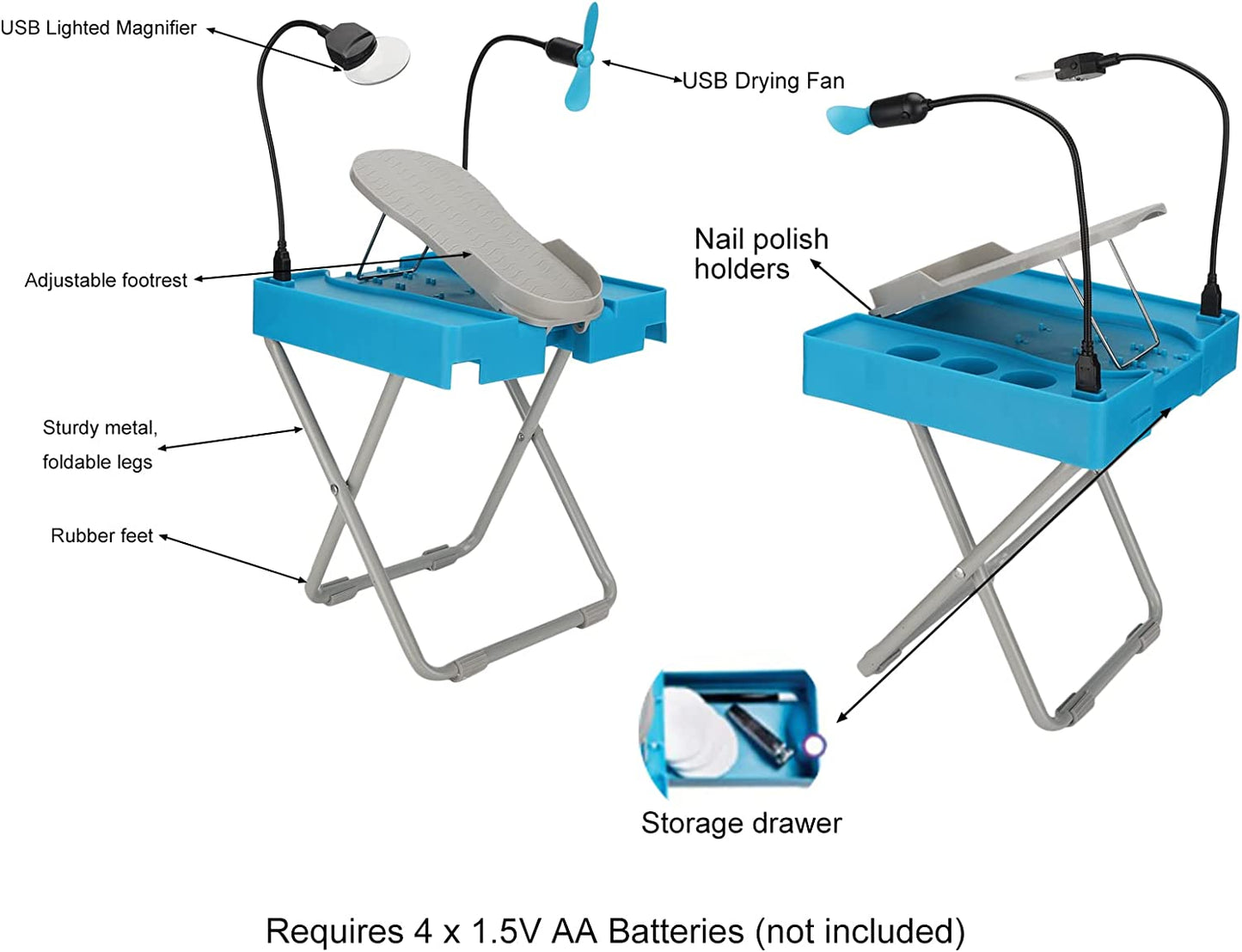 Pedicure Nail Art Nail Mending Foldable Adjustable Foot Rest Stand with Led Magnifier and Fan