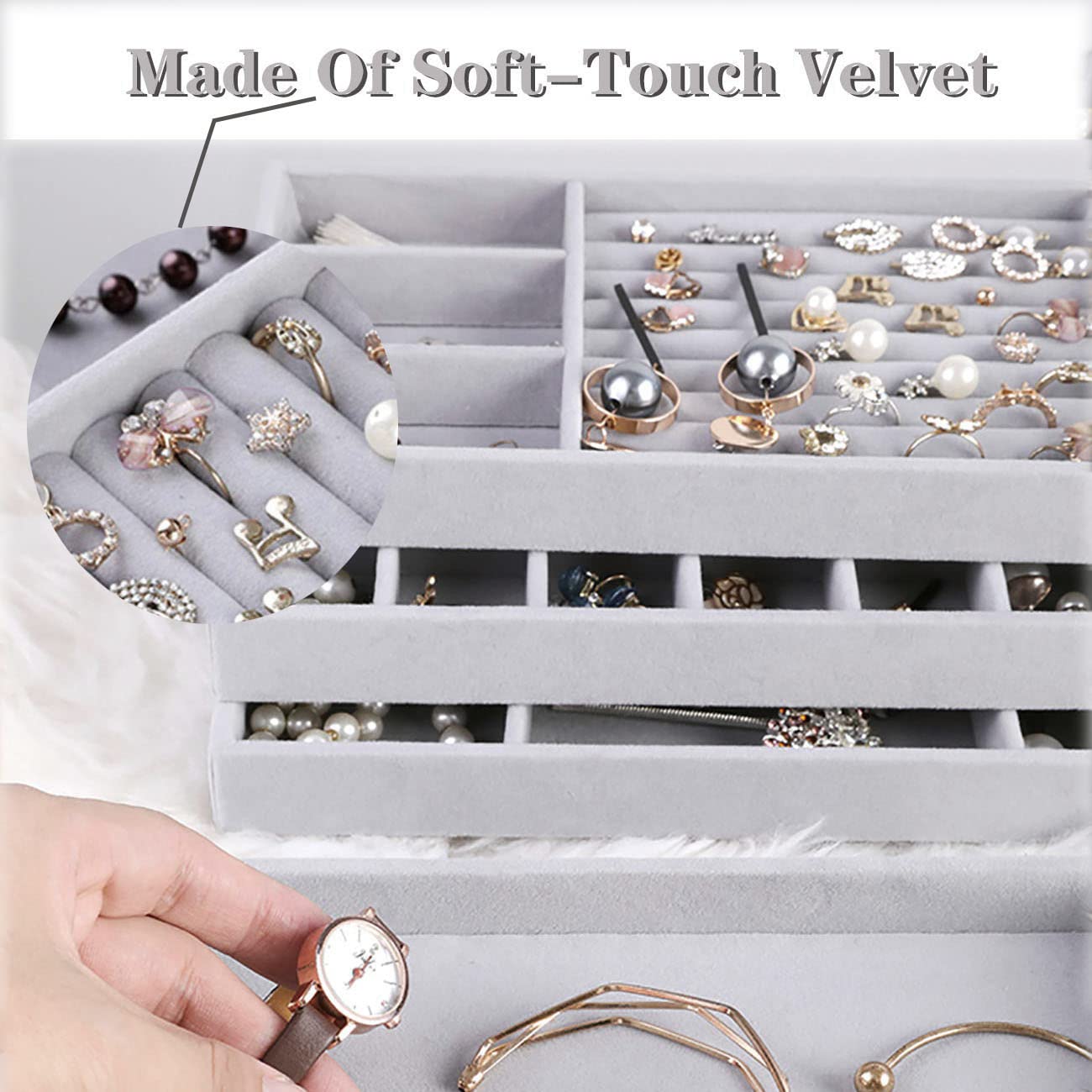 Stackable Jewelry 4 Tray Display Trays for Drawer, Jewelry Storage Organizers Earring Necklace Bracelet Ring Holder Organizer