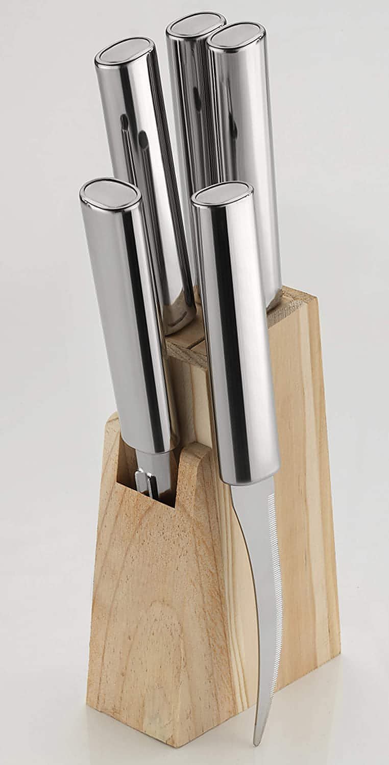 Stainless Steel Kitchen Knife Set with Wooden Block, Knife Set for Kitchen with Stand, Knife Holder for Kitchen with Stainless Steel 1 Peeler 4 Pcs Knife, Silver