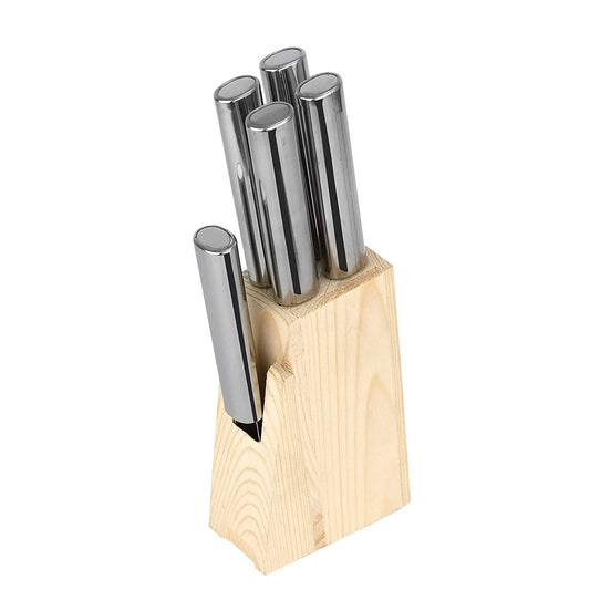 Stainless Steel Kitchen Knife Set with Wooden Block, Knife Set for Kitchen with Stand, Knife Holder for Kitchen with Stainless Steel 1 Peeler 4 Pcs Knife, Silver