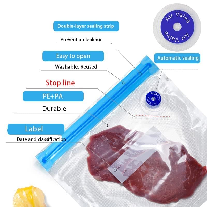 Food Vacuum Bags Pack of 10 Reusable Compression Food Sealer Bags with 1 Pump for Food, Vegetables, Fruits,etc (Includes 1 Hand Pump, Pack of 5 Medium (26 x 28 cm), 5 Large (30 x 34 cm))