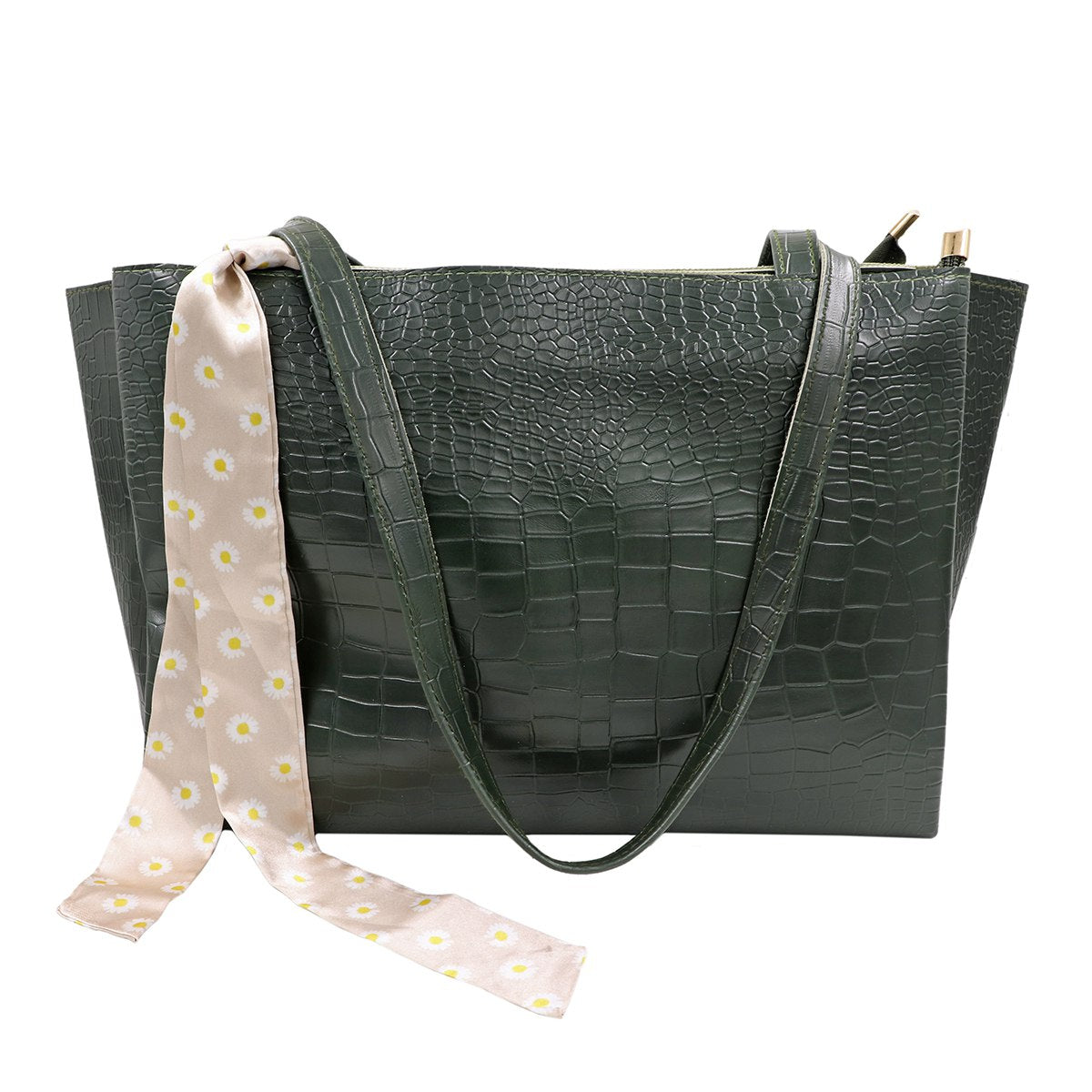 Elegant Croco PU Leather Tote Bag with Scarf, Spacious Design