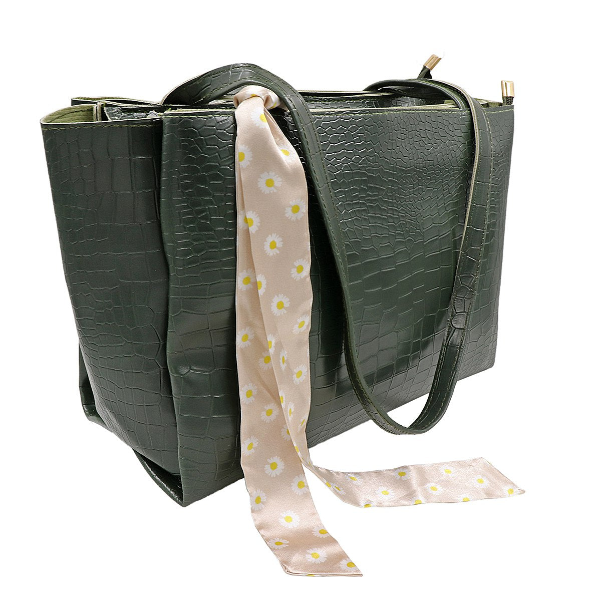 Elegant Croco PU Leather Tote Bag with Scarf, Spacious Design