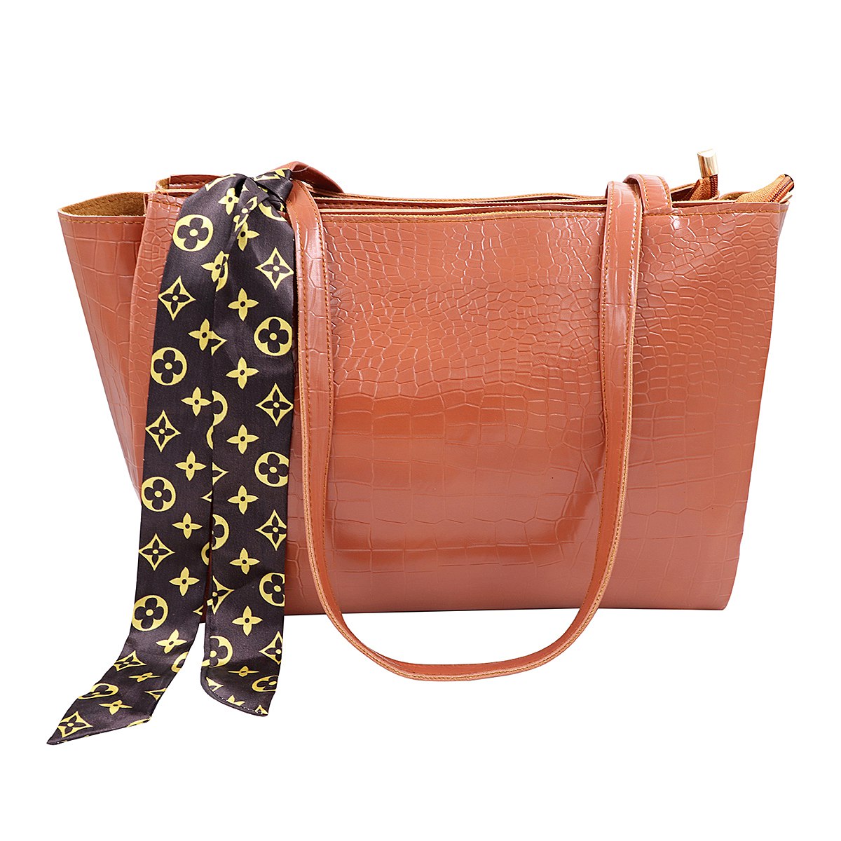 Elegant Croco PU Leather Tote Bag with Scarf, Spacious Design