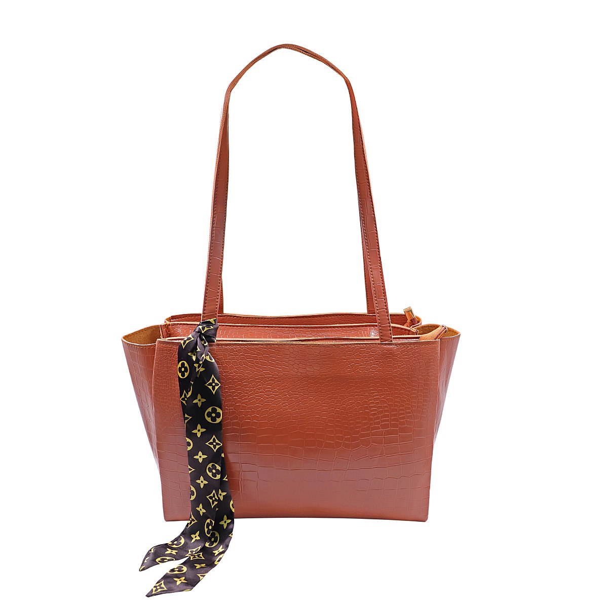 Elegant Croco PU Leather Tote Bag with Scarf, Spacious Design