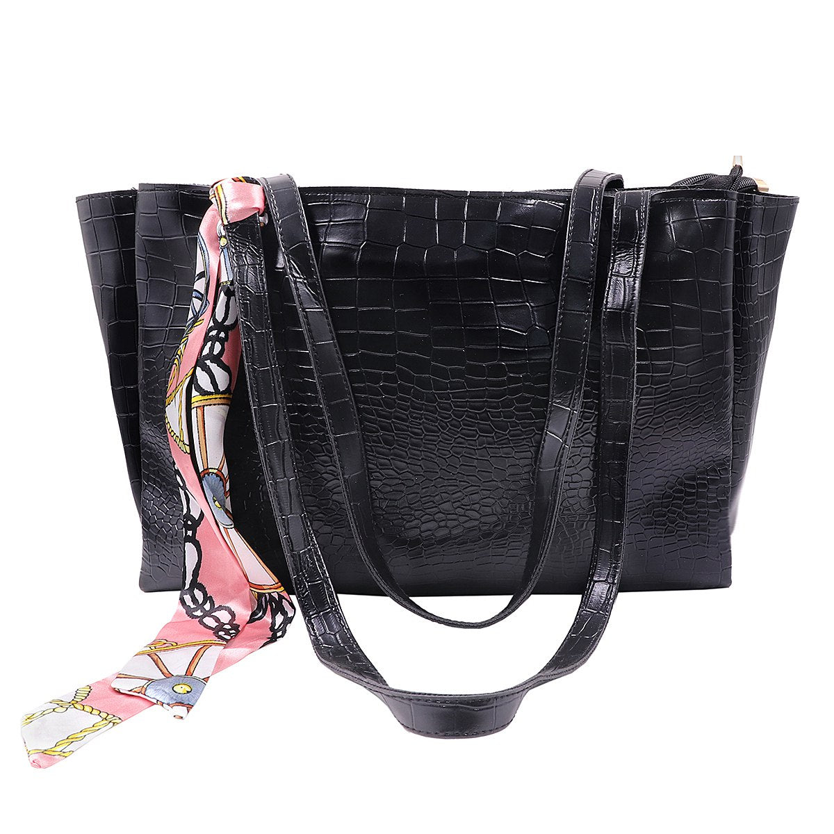 Elegant Croco PU Leather Tote Bag with Scarf, Spacious Design