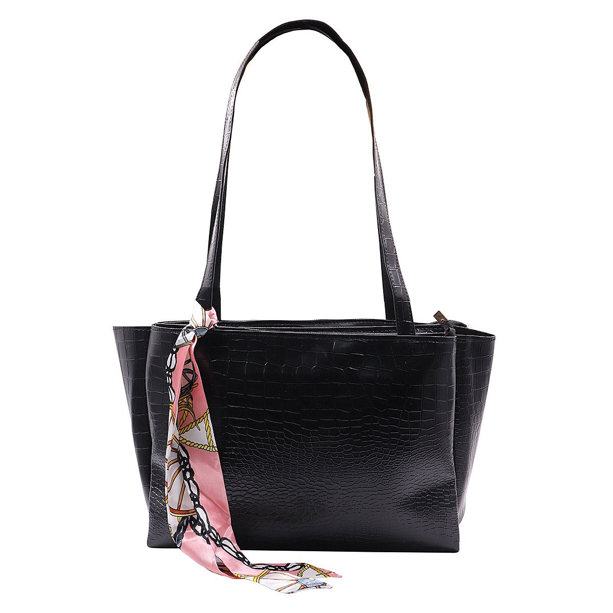 Elegant Croco PU Leather Tote Bag with Scarf, Spacious Design