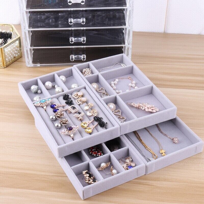 Stackable Jewelry 4 Tray Display Trays for Drawer, Jewelry Storage Organizers Earring Necklace Bracelet Ring Holder Organizer